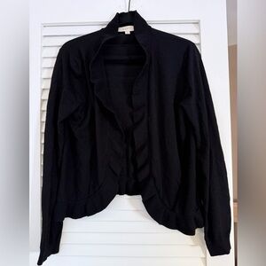 LOFT Black Ruffle Open Cardigan 30% Wool size Medium EUC
